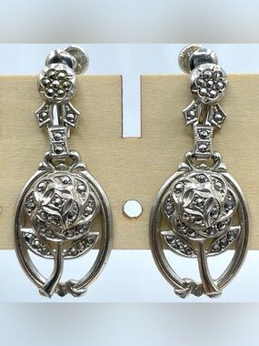 Vintage 925 Sterling Silver Rose Dangle Screw Back Earrings Art Deco Victorian